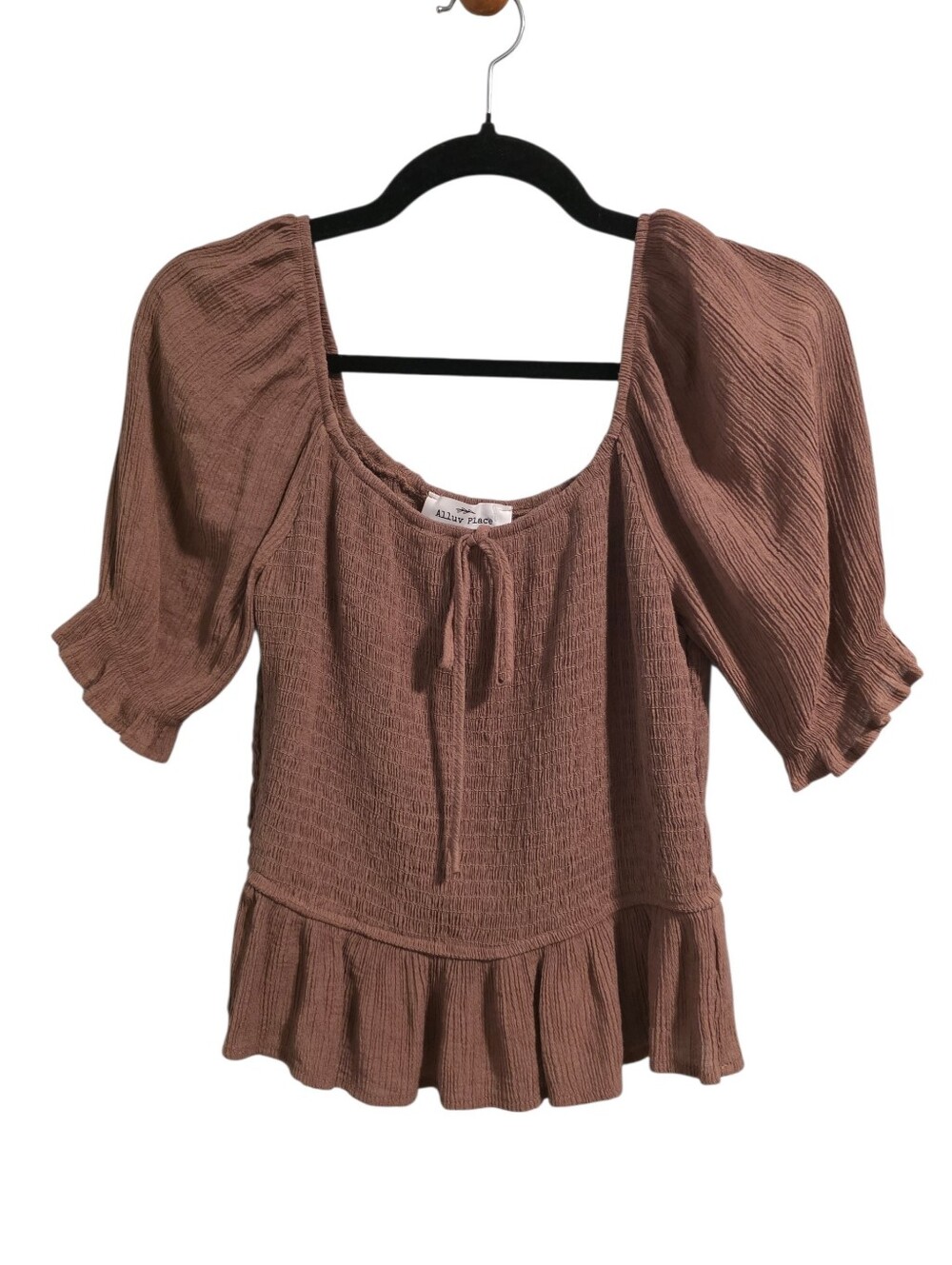 Alluv Place Brown Smocked Peplum Blouse With Puff Sleeves Scoop Neck Size L EUC